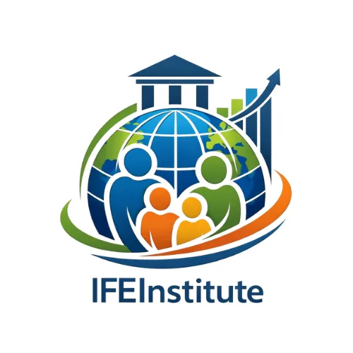 A colorful logo featuring a globe with silhouettes of four people in blue, green, orange, and yellow at the front, encircled by two swooshing arcs, with a building pillar and bar chart behind the globe. The text “IFE Institute” appears below.