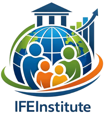 A colorful logo featuring a globe with silhouettes of four people in blue, green, orange, and yellow at the front, encircled by two swooshing arcs, with a building pillar and bar chart behind the globe. The text “IFE Institute” appears below.
